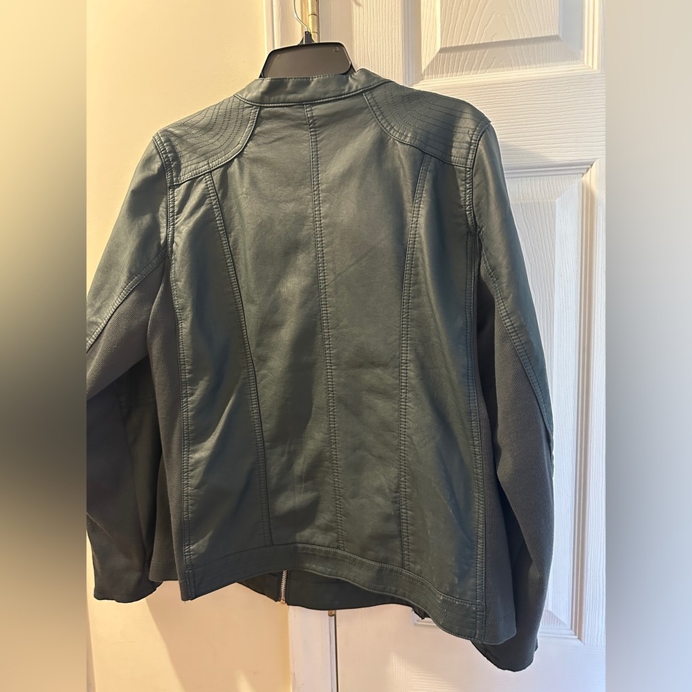 Maurice’s dark green faux leather zip up jacket with stretch sides and arms. - Picture 2 of 6